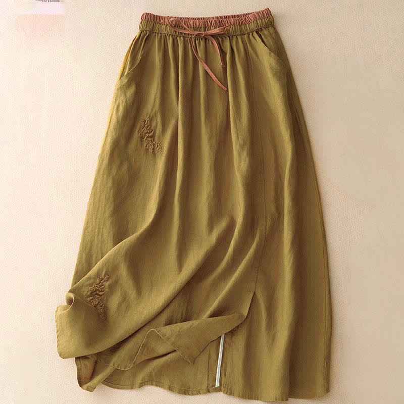 Buddha Stones Vintage Solid Embroidery Drawstring Women's Skirt With Pockets - Goldenrod - US8-10，UK/AU12-14，EU40-42 (2XL) - image 24