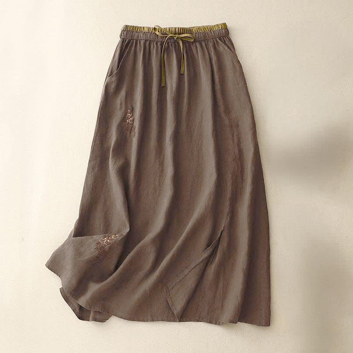 Buddha Stones Vintage Solid Embroidery Drawstring Women's Skirt With Pockets - SaddleBrown - US8-10，UK/AU12-14，EU40-42 (2XL) - image 14