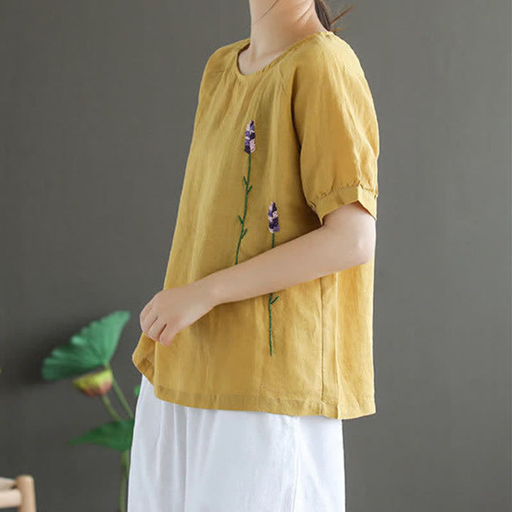 Buddha Stones Summer Vintage Embroidered Flower Pattern Women's Crew Neck Design T-Shirt - image 7