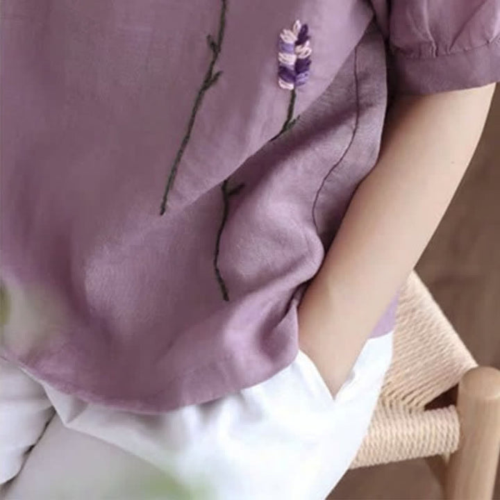 Buddha Stones Summer Vintage Embroidered Flower Pattern Women's Crew Neck Design T-Shirt - image 4