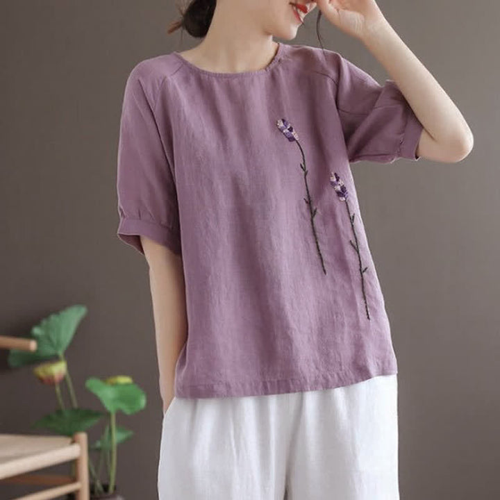 Buddha Stones Summer Vintage Embroidered Flower Pattern Women's Crew Neck Design T-Shirt - image 1