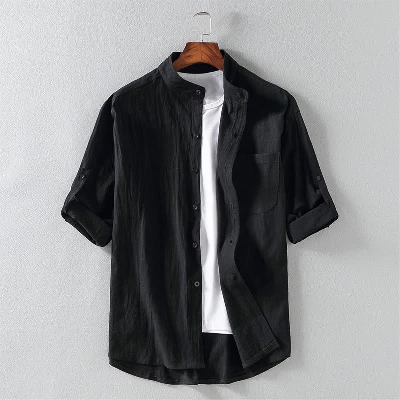 Buddha Stones Summer Solid Men's Buttons Half Sleeve Shirt - Black - US/UK/AU46，EU56 (5XL) - image 0