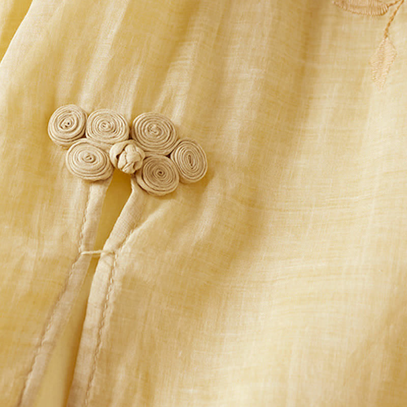 Buddha Stones Embroidered Leaf Crew Neck Half Sleeve Fiber Midi Dress - image 5