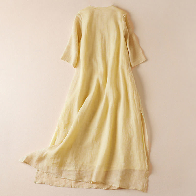 Buddha Stones Embroidered Leaf Crew Neck Half Sleeve Fiber Midi Dress - image 1