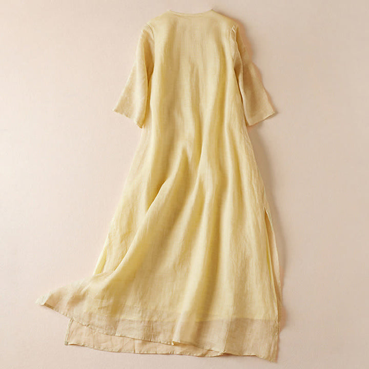 Buddha Stones Embroidered Leaf Crew Neck Half Sleeve Fiber Midi Dress - image 1