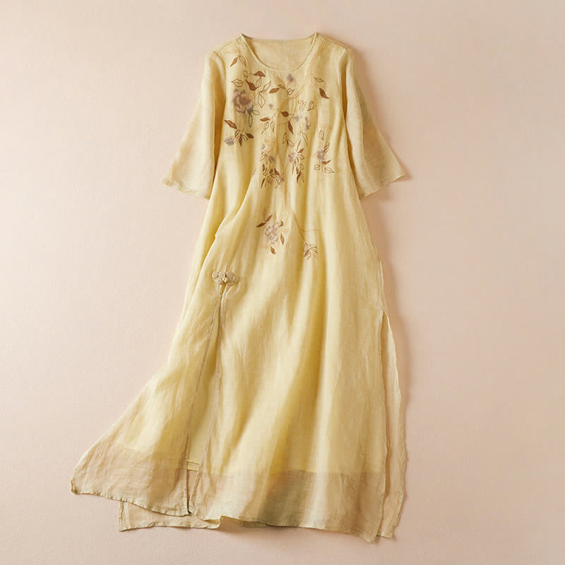 Buddha Stones Embroidered Leaf Crew Neck Half Sleeve Fiber Midi Dress - Khaki - US8-10，UK/AU12-14，EU40-42 (2XL) - image 0