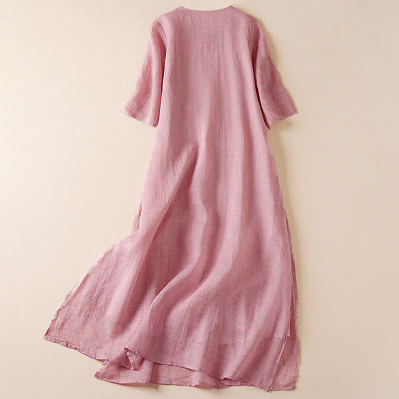 Buddha Stones Embroidered Leaf Crew Neck Half Sleeve Fiber Midi Dress - image 15