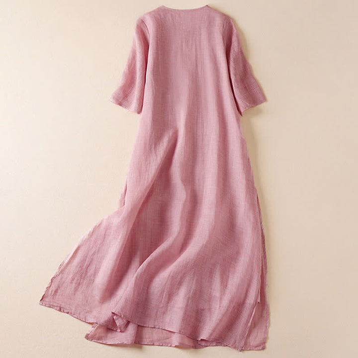 Buddha Stones Embroidered Leaf Crew Neck Half Sleeve Fiber Midi Dress - image 15