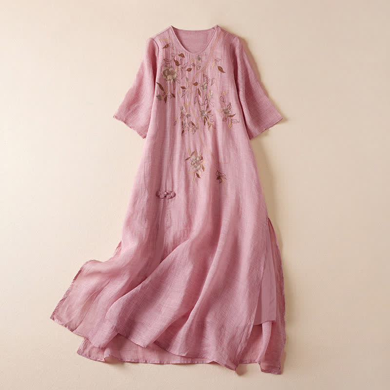 Buddha Stones Embroidered Leaf Crew Neck Half Sleeve Fiber Midi Dress - Pink - US8-10，UK/AU12-14，EU40-42 (2XL) - image 14
