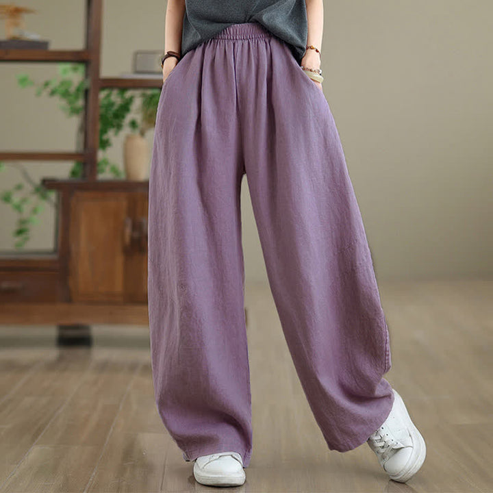 Buddha Stones Casual Plain Cotton Women's Wide Leg Pants With Pockets - image 3