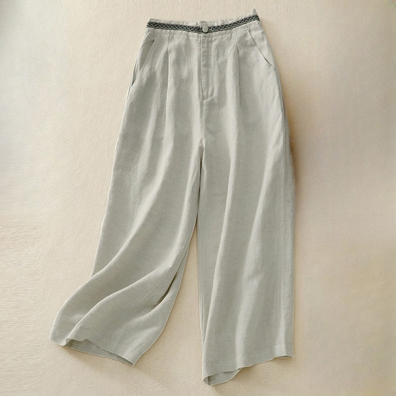 Buddha Stones Summer Plain Color 7-8 Length Women's Wide Leg Cropped Pants With Pockets Zipper - Beige - US8-10，UK/AU12-14，EU40-42 (2XL) - image 5