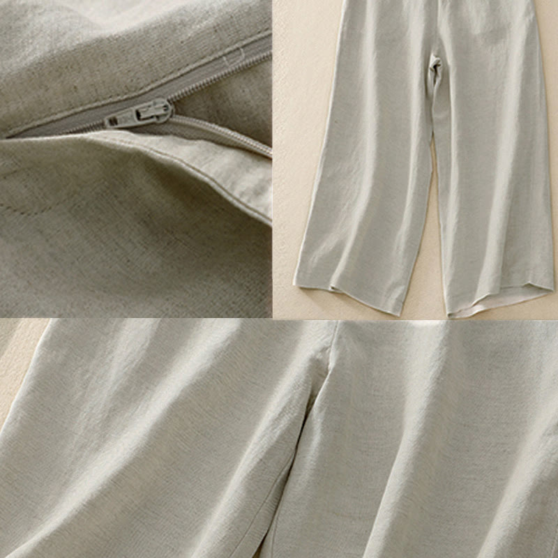 Buddha Stones Summer Plain Color 7-8 Length Women's Wide Leg Cropped Pants With Pockets Zipper - image 10