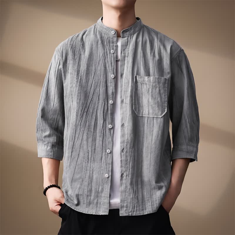 Buddha Stones Spring Summer Casual Mandarin Collar Solid Cotton Men's Long Sleeve Shirts With Patch Pocket - Gray - US/UK/AU44，EU54 (4XL) - image 9