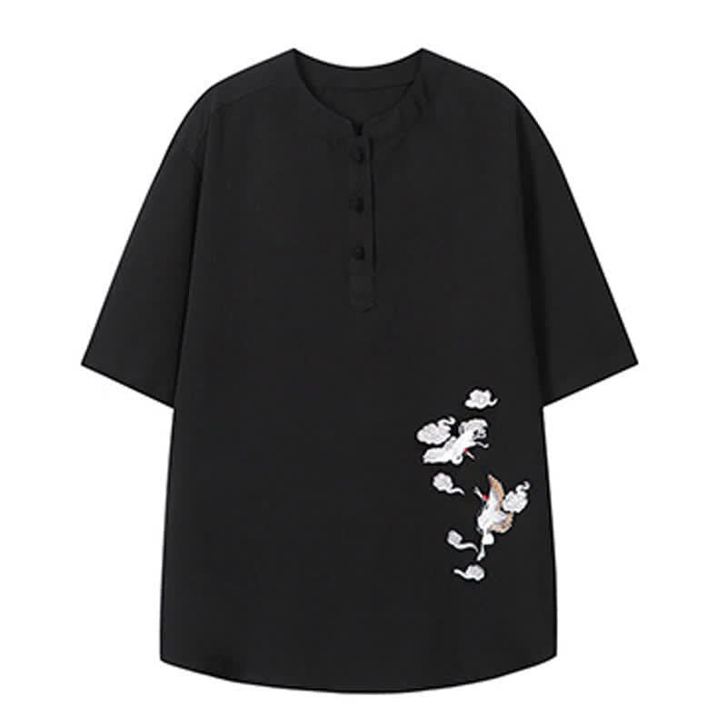 Buddha Stones Summer Tang Style Casual Mandarin Collar Embroidery Crane Men's Short Sleeve Shirts - image 15