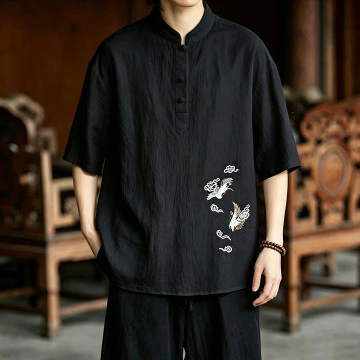 Buddha Stones Summer Tang Style Casual Mandarin Collar Embroidery Crane Men's Short Sleeve Shirts - Black - US/UK/AU48, EU58 (6XL) - image 12