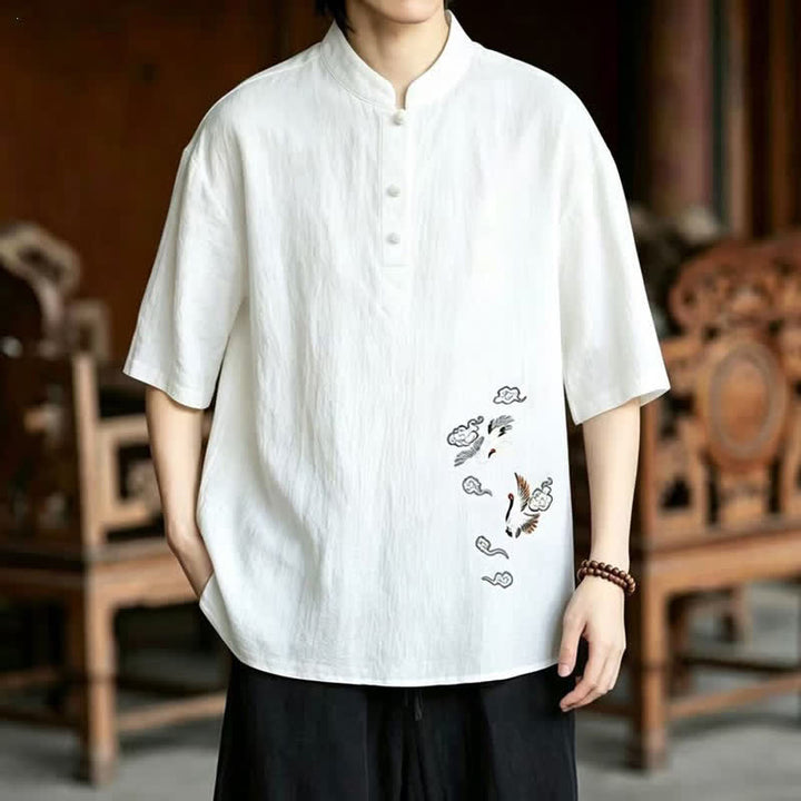 Buddha Stones Summer Tang Style Casual Mandarin Collar Embroidery Crane Men's Short Sleeve Shirts - White - US/UK/AU48, EU58 (6XL) - image 0