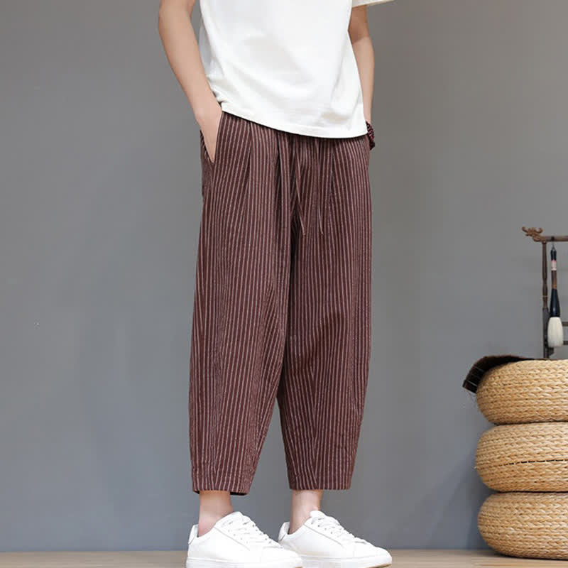 Buddha Stones Summer Casual Minimalist Drawstring Striped Cotton Linen Capri Pants Men's Tapered Pants With Pocket - image 18