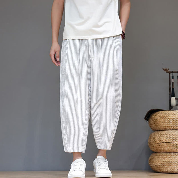 Buddha Stones Summer Casual Minimalist Drawstring Striped Cotton Linen Capri Pants Men's Tapered Pants With Pocket - image 27