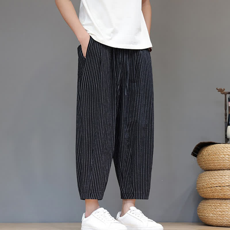 Buddha Stones Summer Casual Minimalist Drawstring Striped Cotton Linen Capri Pants Men's Tapered Pants With Pocket - image 10