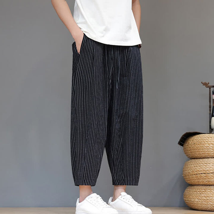 Buddha Stones Summer Casual Minimalist Drawstring Striped Cotton Linen Capri Pants Men's Tapered Pants With Pocket - image 10