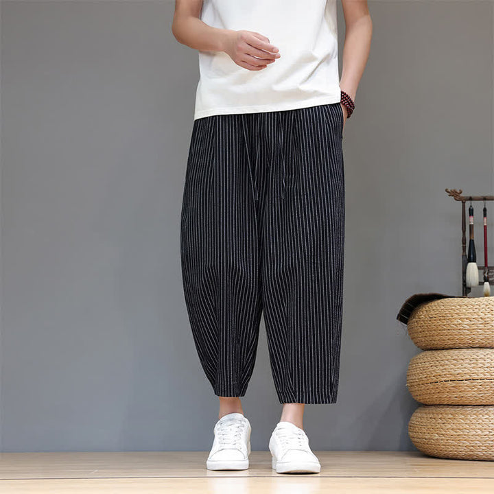 Buddha Stones Summer Casual Minimalist Drawstring Striped Cotton Linen Capri Pants Men's Tapered Pants With Pocket - image 12