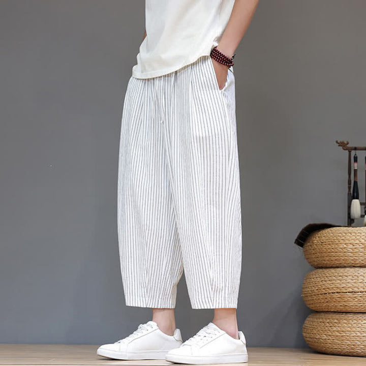 Buddha Stones Summer Casual Minimalist Drawstring Striped Cotton Linen Capri Pants Men's Tapered Pants With Pocket - image 29