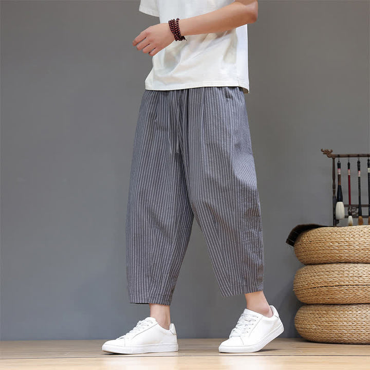Buddha Stones Summer Casual Minimalist Drawstring Striped Cotton Linen Capri Pants Men's Tapered Pants With Pocket - image 2