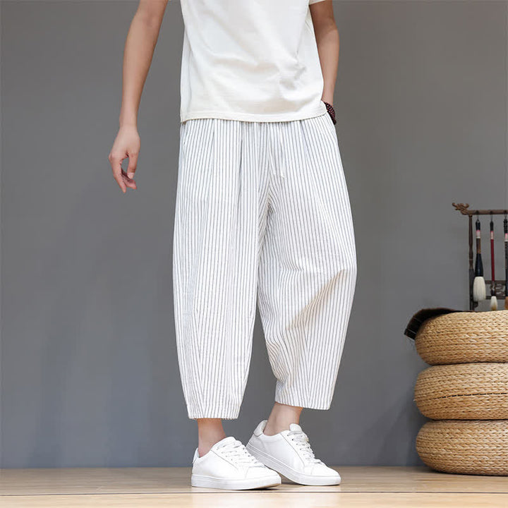 Buddha Stones Summer Casual Minimalist Drawstring Striped Cotton Linen Capri Pants Men's Tapered Pants With Pocket - image 30