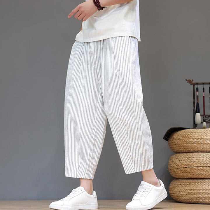 Buddha Stones Summer Casual Minimalist Drawstring Striped Cotton Linen Capri Pants Men's Tapered Pants With Pocket - White - US/UK/AU46, EU56 (5XL) - image 25