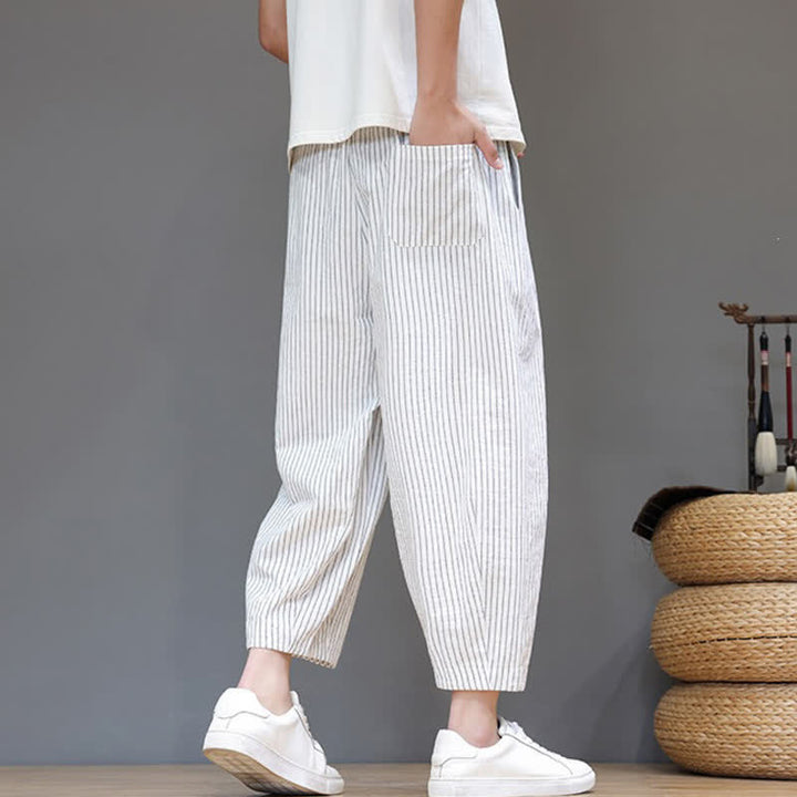Buddha Stones Summer Casual Minimalist Drawstring Striped Cotton Linen Capri Pants Men's Tapered Pants With Pocket - image 28
