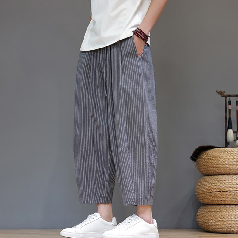 Buddha Stones Summer Casual Minimalist Drawstring Striped Cotton Linen Capri Pants Men's Tapered Pants With Pocket - image 4