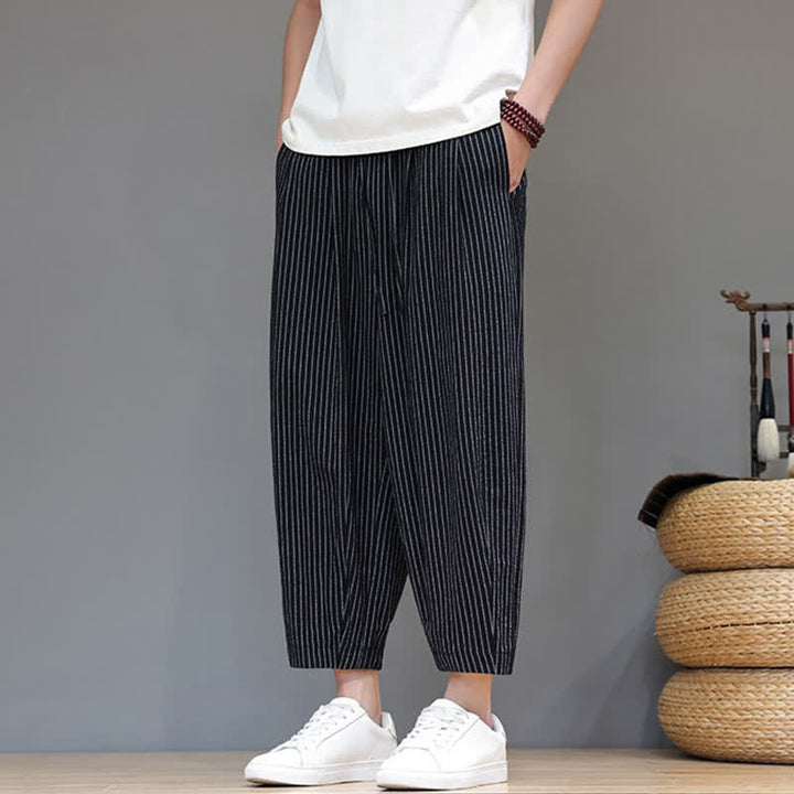 Buddha Stones Summer Casual Minimalist Drawstring Striped Cotton Linen Capri Pants Men's Tapered Pants With Pocket - image 13