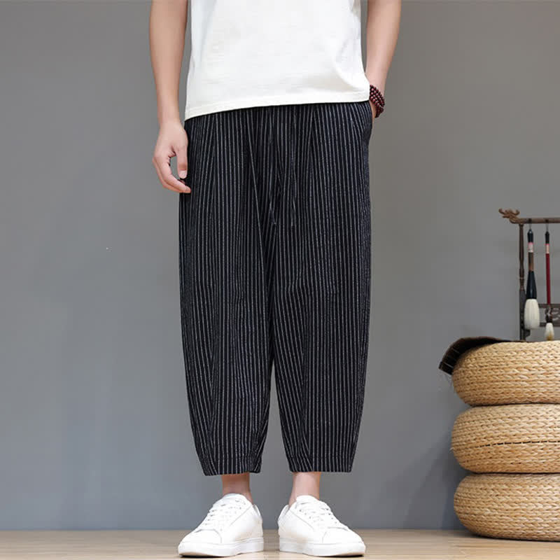 Buddha Stones Summer Casual Minimalist Drawstring Striped Cotton Linen Capri Pants Men's Tapered Pants With Pocket - image 9