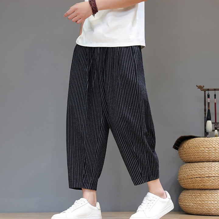 Buddha Stones Summer Casual Minimalist Drawstring Striped Cotton Linen Capri Pants Men's Tapered Pants With Pocket - Black - US/UK/AU46, EU56 (5XL) - image 8