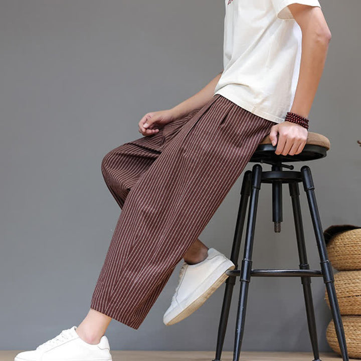 Buddha Stones Summer Casual Minimalist Drawstring Striped Cotton Linen Capri Pants Men's Tapered Pants With Pocket - image 24