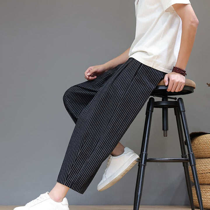 Buddha Stones Summer Casual Minimalist Drawstring Striped Cotton Linen Capri Pants Men's Tapered Pants With Pocket - image 16