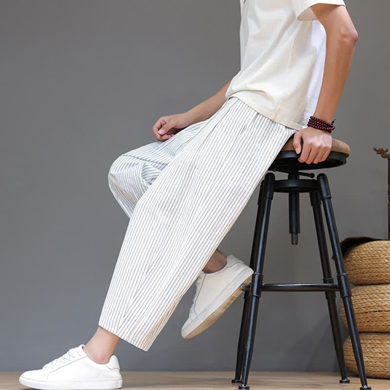 Buddha Stones Summer Casual Minimalist Drawstring Striped Cotton Linen Capri Pants Men's Tapered Pants With Pocket - image 31