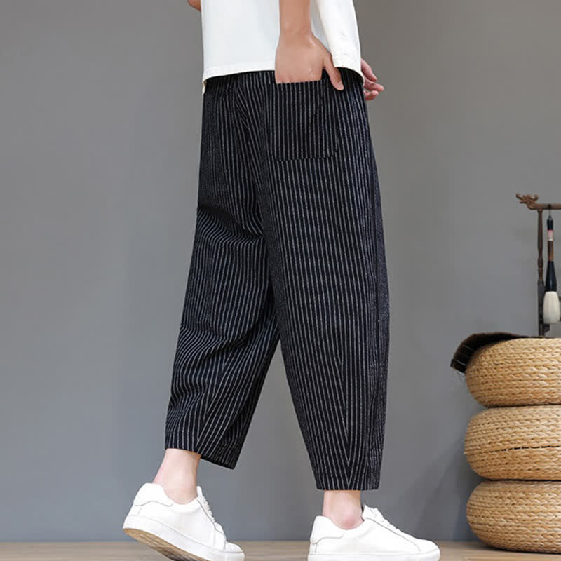 Buddha Stones Summer Casual Minimalist Drawstring Striped Cotton Linen Capri Pants Men's Tapered Pants With Pocket - image 11