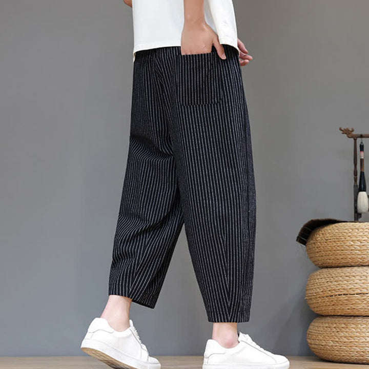 Buddha Stones Summer Casual Minimalist Drawstring Striped Cotton Linen Capri Pants Men's Tapered Pants With Pocket - image 11