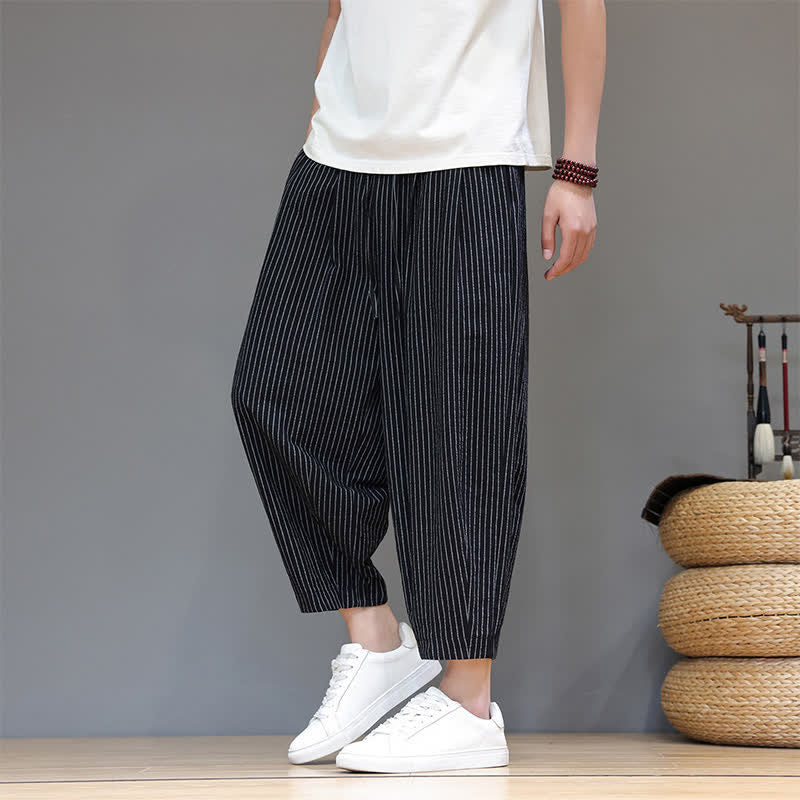 Buddha Stones Summer Casual Minimalist Drawstring Striped Cotton Linen Capri Pants Men's Tapered Pants With Pocket - image 15