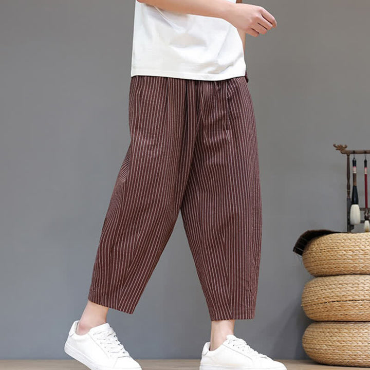 Buddha Stones Summer Casual Minimalist Drawstring Striped Cotton Linen Capri Pants Men's Tapered Pants With Pocket - image 21