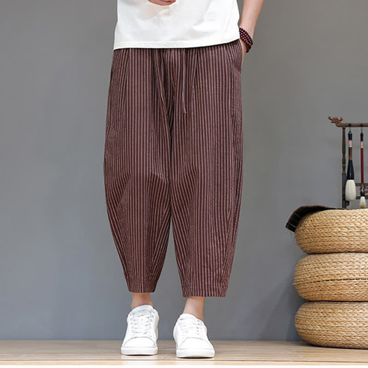 Buddha Stones Summer Casual Minimalist Drawstring Striped Cotton Linen Capri Pants Men's Tapered Pants With Pocket - image 22