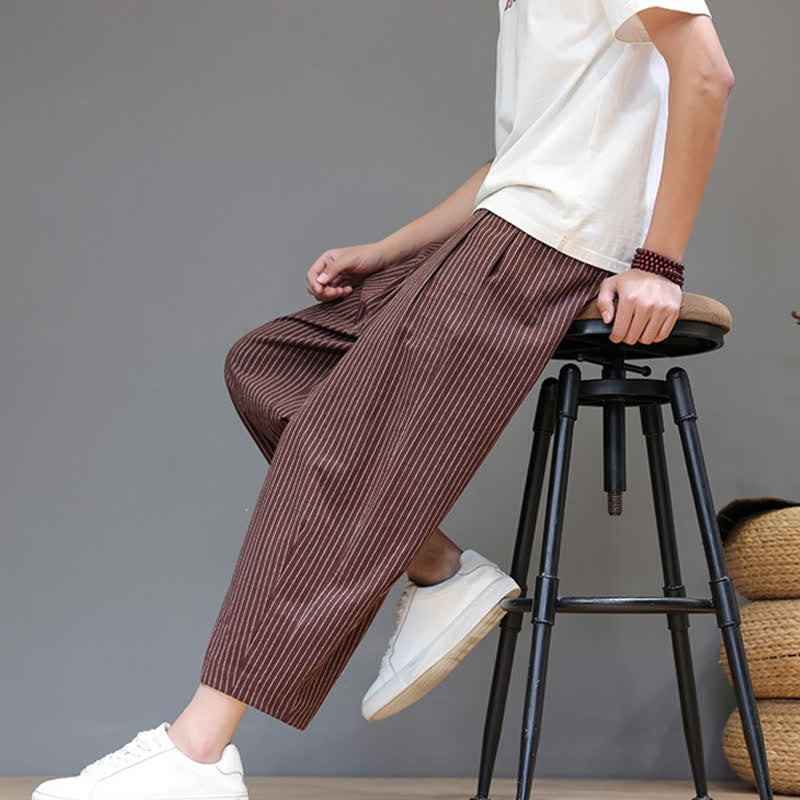 Buddha Stones Summer Casual Minimalist Drawstring Striped Cotton Linen Capri Pants Men's Tapered Pants With Pocket - image 24