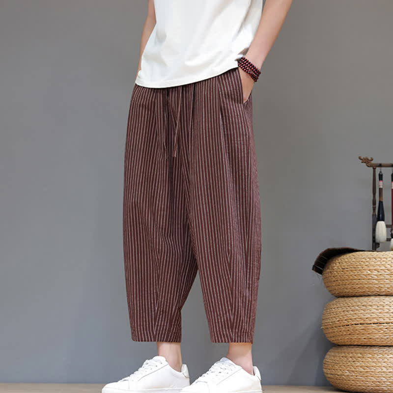 Buddha Stones Summer Casual Minimalist Drawstring Striped Cotton Linen Capri Pants Men's Tapered Pants With Pocket - image 19