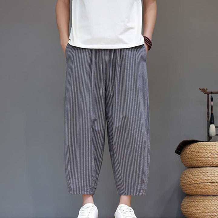 Buddha Stones Summer Casual Minimalist Drawstring Striped Cotton Linen Capri Pants Men's Tapered Pants With Pocket - image 5