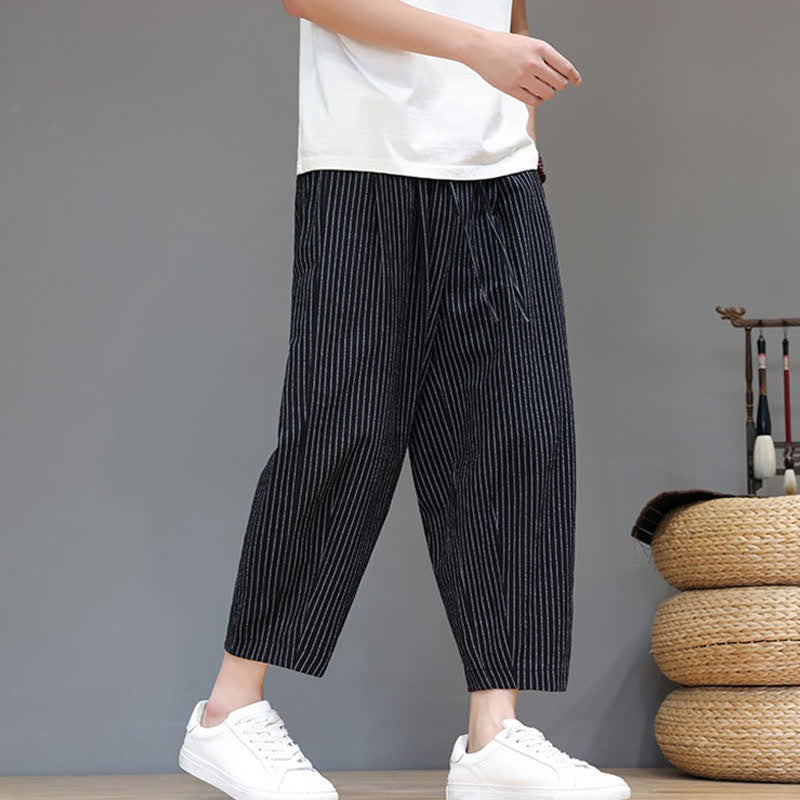 Buddha Stones Summer Casual Minimalist Drawstring Striped Cotton Linen Capri Pants Men's Tapered Pants With Pocket - image 14