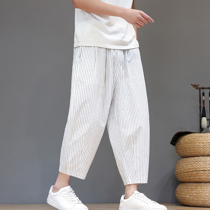 Buddha Stones Summer Casual Minimalist Drawstring Striped Cotton Linen Capri Pants Men's Tapered Pants With Pocket - image 26