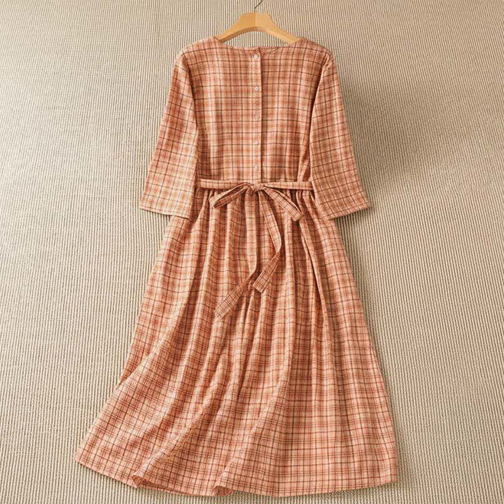 Buddha Stones Summer Casual Vintage Plaid Women's Three-Quarter Sleeve Dress With Pocket - image 1