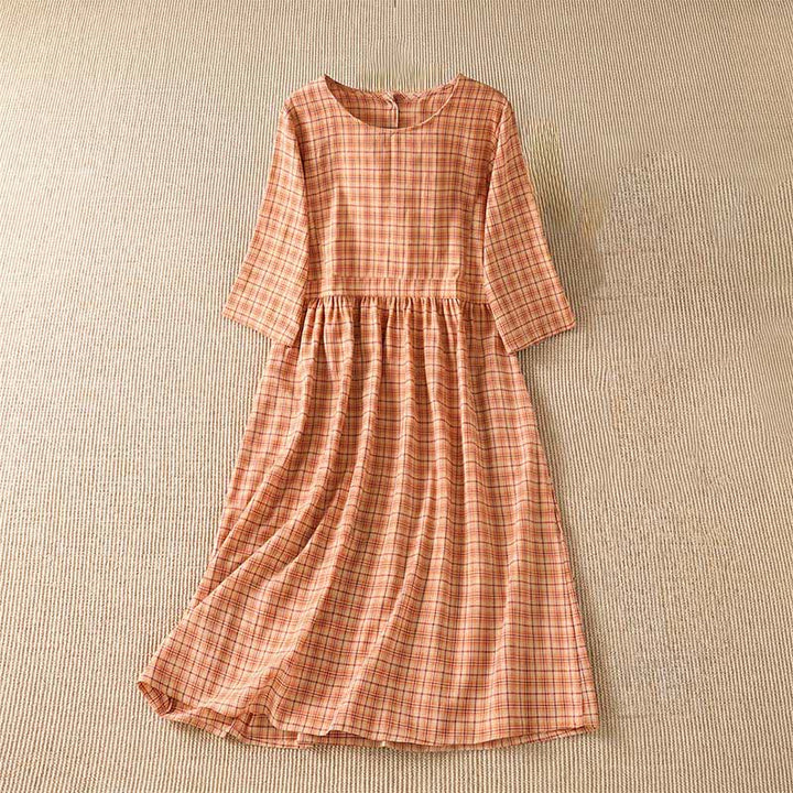 Buddha Stones Summer Casual Vintage Plaid Women's Three-Quarter Sleeve Dress With Pocket - image 5