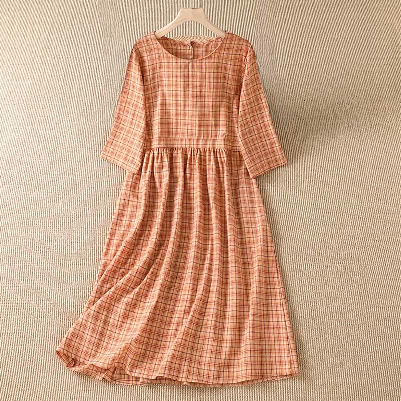 Buddha Stones Summer Casual Vintage Plaid Women's Three-Quarter Sleeve Dress With Pocket - SandyBrown - US12, UK/AU16, EU44 (2XL) - image 0